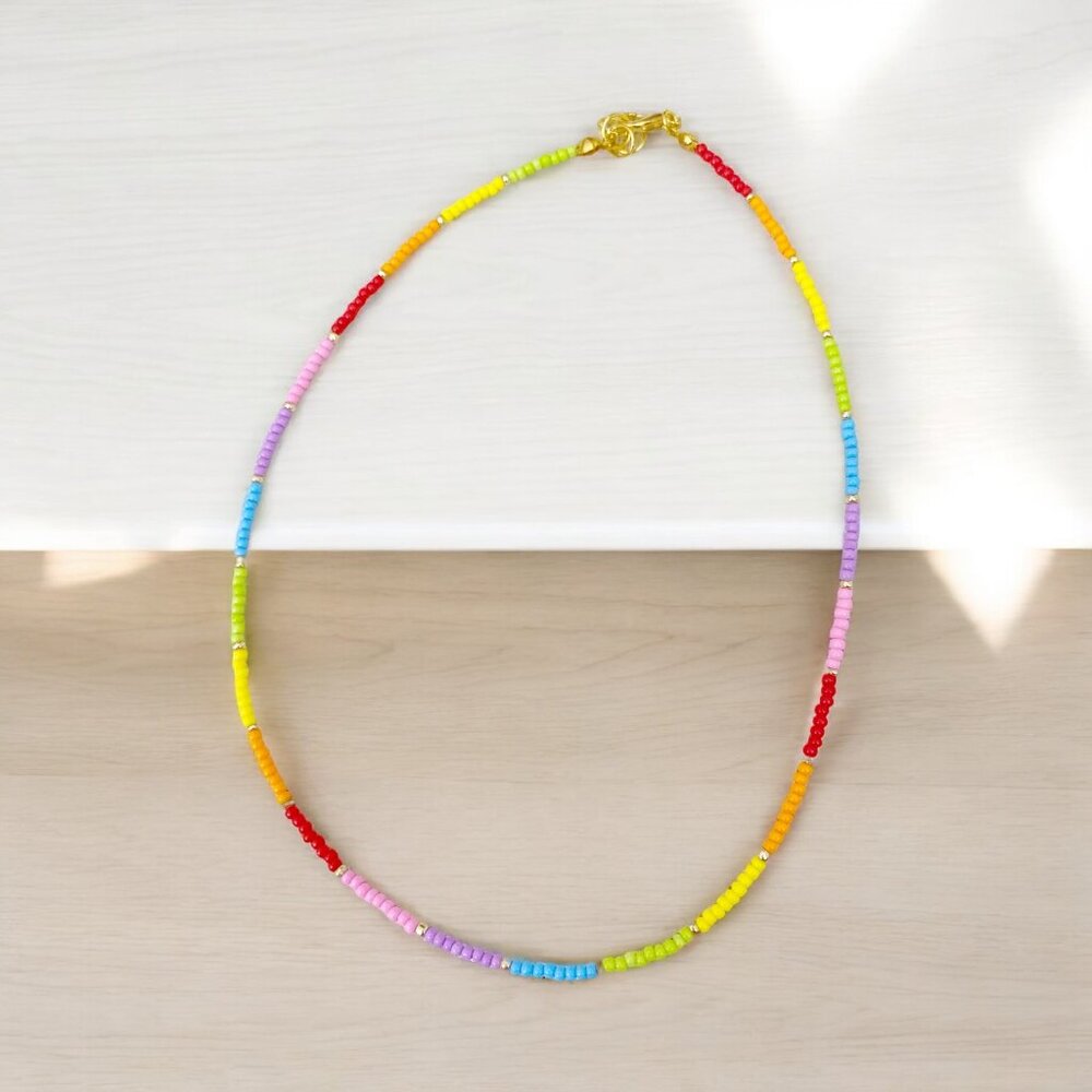 HANDMADE Rainbow Boho Colorblock Dainty Seed Bead Colorful Choker Necklace